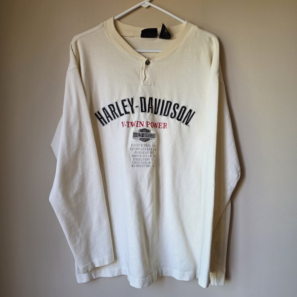Harley Davidson Shirt Mens Size Large Cream V-Twin Power Henley Long Sleeve Tee